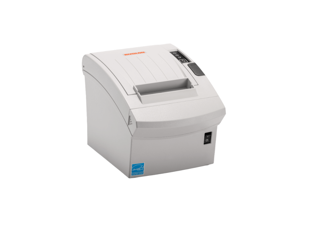 Frontansicht des weißen Thermodruckers XD3. Modell: SRP-350(plus)V, Druckgeschwindigkeit bis zu 400 mm/Sek, Thermodirekt-Druckverfahren, 180dpi Auflösung
