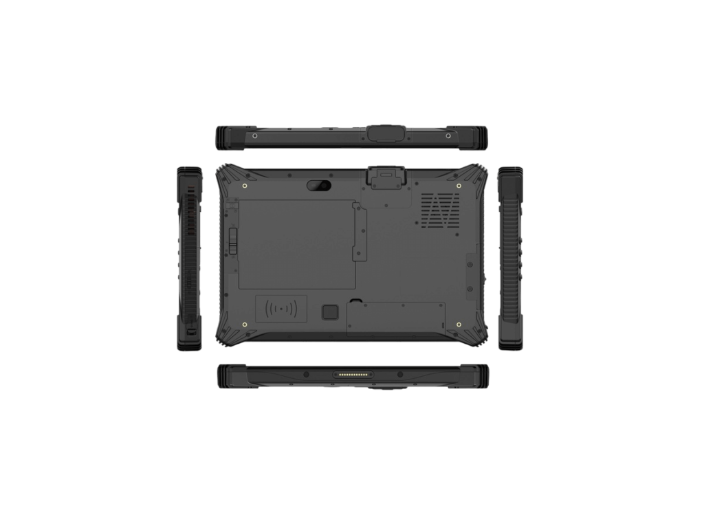 Rückseite des I10A Tablets mit sichtbaren Anschlüssen und integriertem Ständer