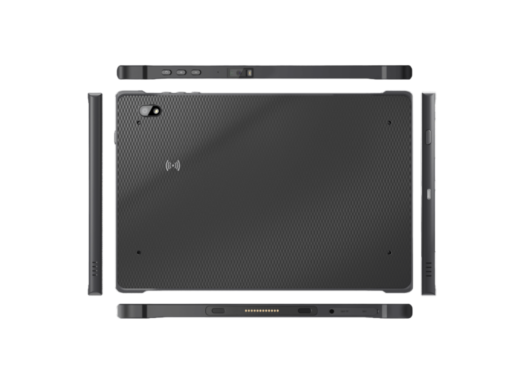 Ansicht der Anschlüsse am Poindus Q19 Tablet - USB-C, DC USB-C und Nano-SIM für umfassende Konnektivität und flexible Einsatzmöglichkeiten.