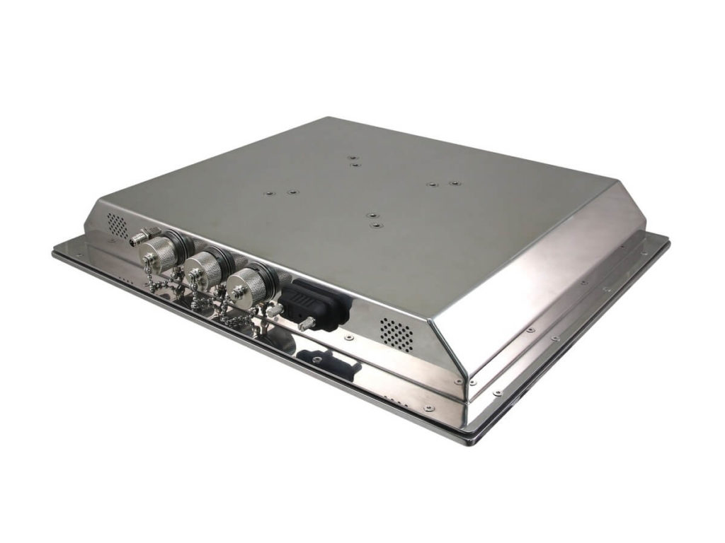 Nahaufnahme der Anschlussmöglichkeiten des Kassensystems SPC15. Zu sehen sind unter anderem ein M12 Gigabit LAN-Anschluss, ein Seriell-Anschluss (M12) und zwei USB-Anschlüsse (M12)