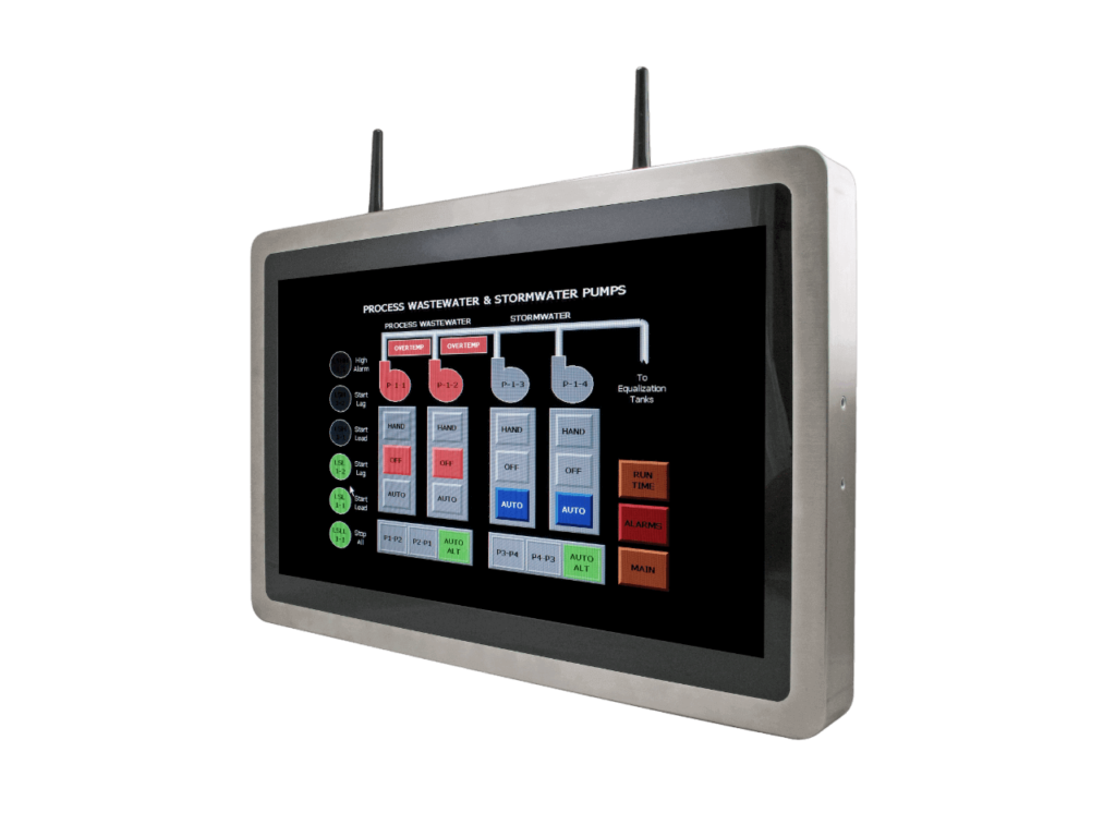 Kassensystems SPC21 mit einem hochauflösenden 21,5-Zoll-TFT-LCD-Display. Das robuste Gehäuse aus Edelstahl mit IP69K-Zertifizierung gewährleistet eine zuverlässige Leistung auch in anspruchsvollen Umgebungen