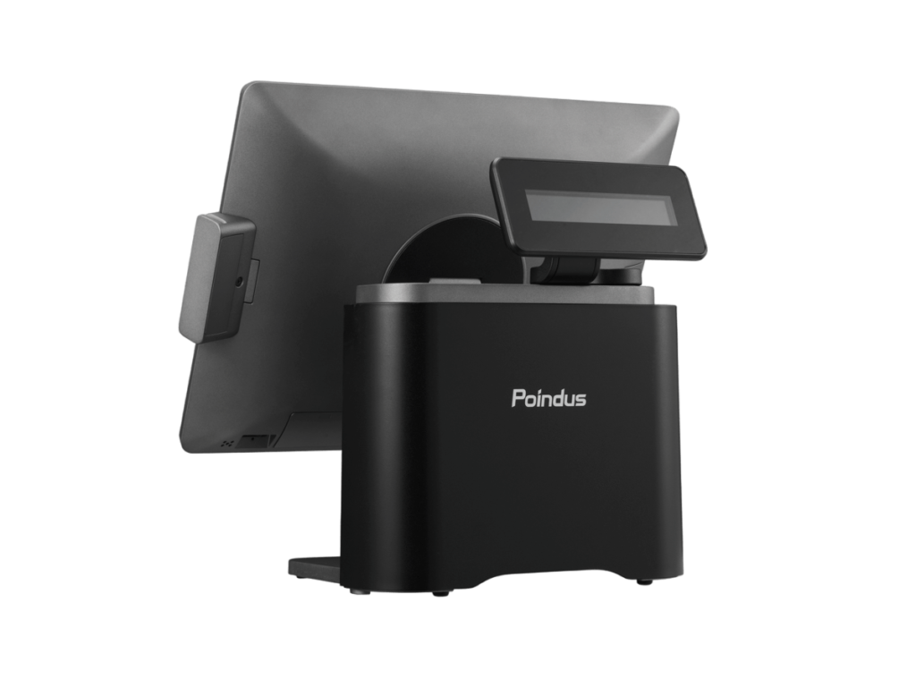 Poindus VariPOS 250 - Rückansicht des voll ausgestatteten Kassensystems in Schwarz mit 15-Zoll TFT LCD-Display und Intel Core Prozessoren der 12. Generation.