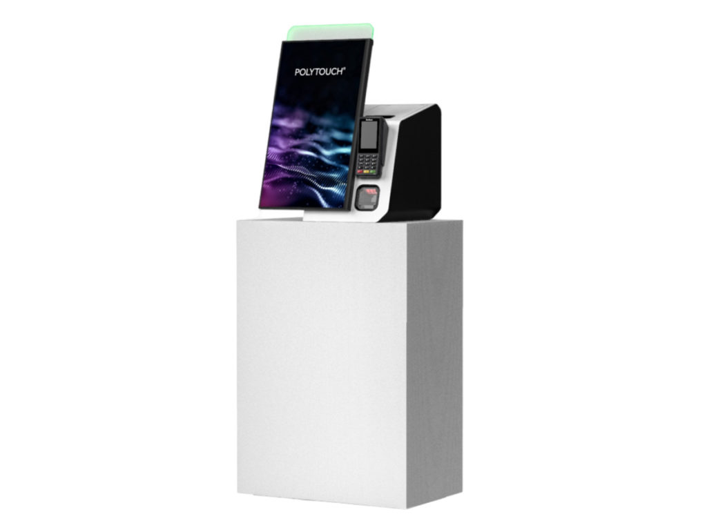 Kiosksystem Flex 21.5 in Weiß auf einem Pult. Das System verfügt über einen 21,5-Zoll-Aktivmatrix TFT LCD-Bildschirm mit einer Auflösung von 1920 x 1080 Pixeln und einem LED-Backlight