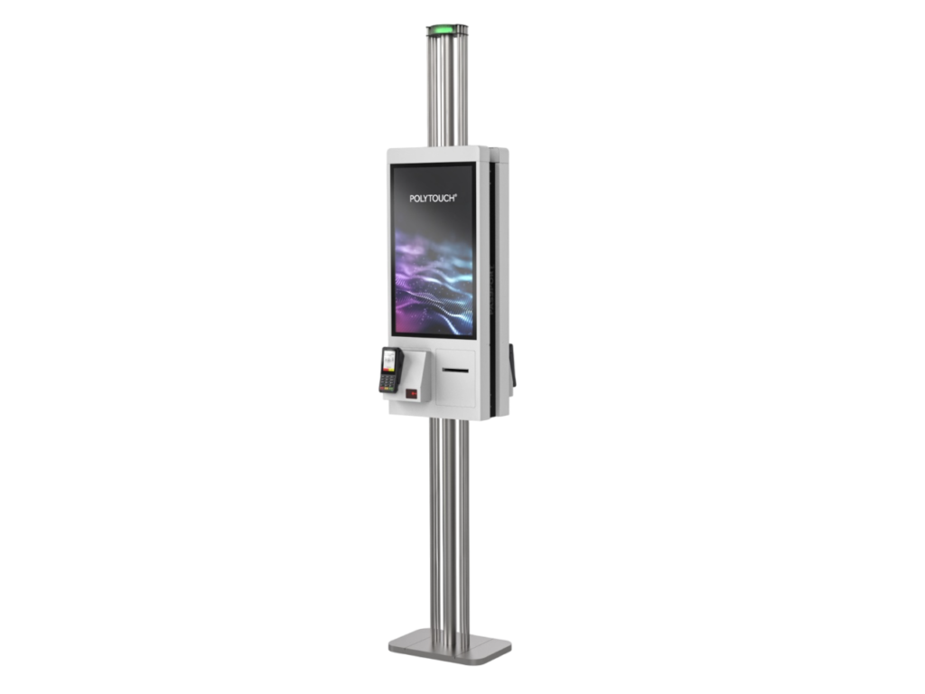 Kiosksystem PASSPORT 27 mit Standfuß. Das System verfügt über einen 27-Zoll-Aktivmatrix TFT LCD-Bildschirm mit einer Auflösung von 1920 x 1080 Pixeln und einem LED-Backlight