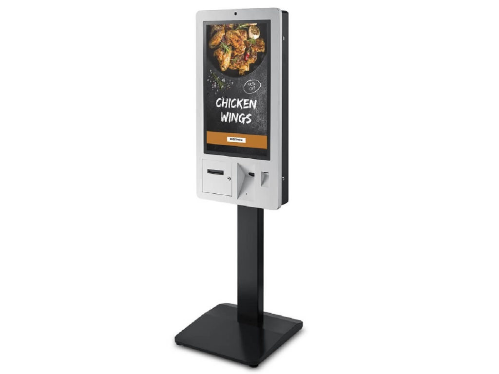 Seitenansicht des Tori KIOSK 3200: Schlankes, kompaktes Profil mit robustem Metallgehäuse – perfekt für platzsparende und stilvolle Self-Ordering-Stationen.