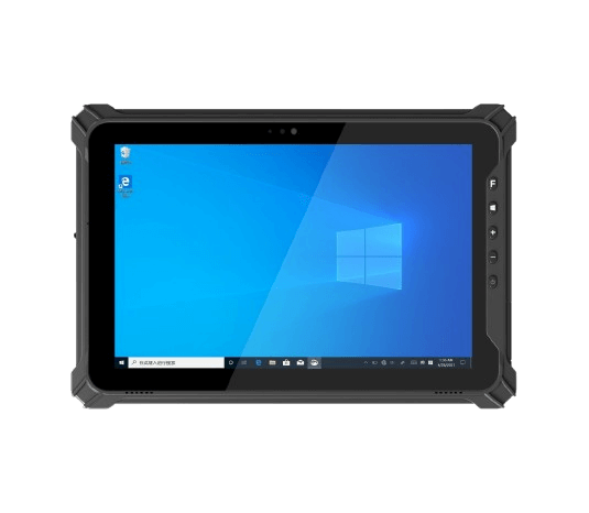 Frontansicht des robusten i17J-Tablets mit 10-Zoll-Display, Windows-Oberfläche, seitlichen Funktionstasten und stoßfestem Gehäuse.