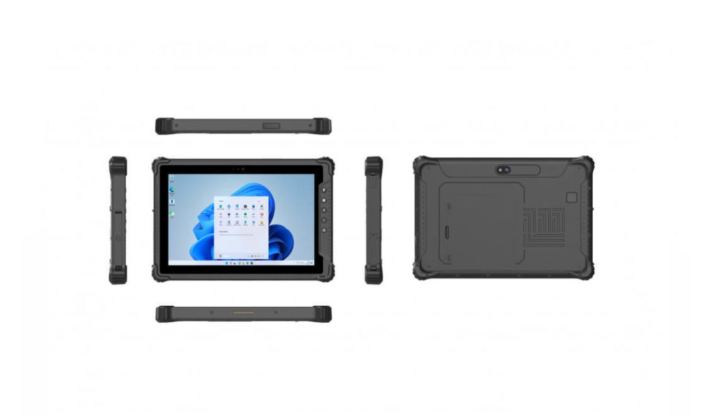 Mehransicht des robusten Tablets I18N mit Front-, Rück- und Seitenansicht. Zu sehen sind das 10,1-Zoll-Full-HD-Display mit Windows-Oberfläche, gummierte Gehäuseecken, seitliche Funktionstasten und diverse Schnittstellen sowie die Rückkamera mit verstärktem Gehäuse.