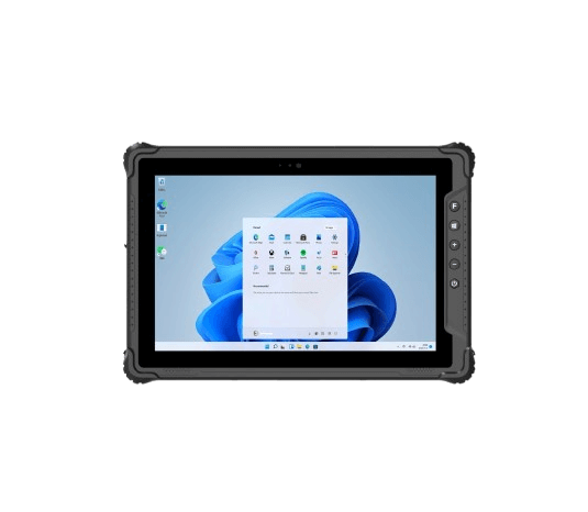 Robustes Industrie-Tablet I18N mit 10,1-Zoll-Full-HD-Display, Windows 11 Oberfläche, seitlichen Funktionstasten und schlagfestem Gehäuse.