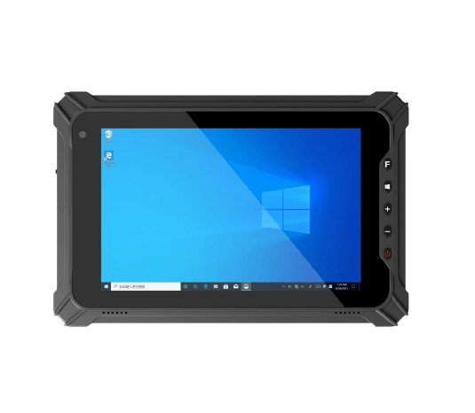 Frontansicht des robusten I87J-Tablets mit 8-Zoll-Display, Windows-Oberfläche und seitlichen Funktionstasten im stoßfesten Gehäuse.