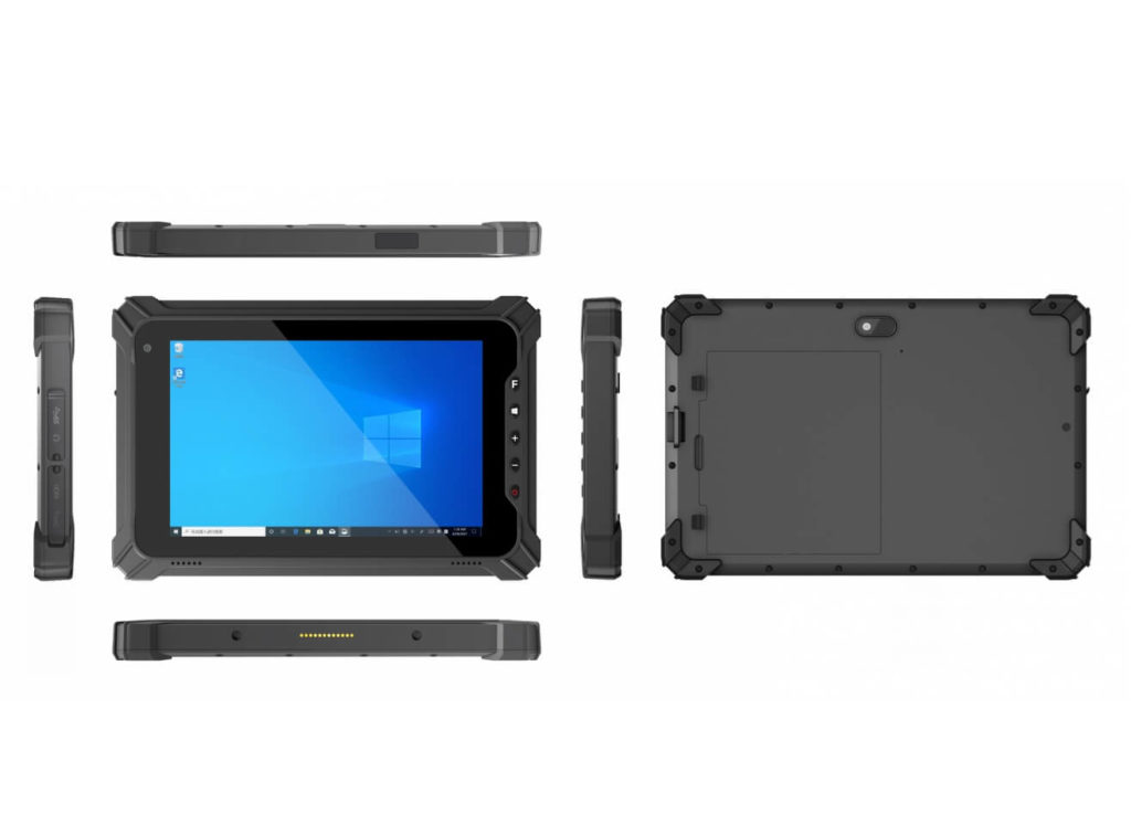 Mehransicht des robusten I87J-Tablets – zeigt Vorderseite mit Display, Rückseite mit Kamera sowie alle seitlichen Ansichten mit Tasten, Anschlüssen und Docking-Kontakten.