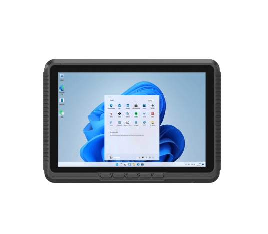 Frontansicht des robusten V10J-Tablets mit 10-Zoll-Display, Windows 11 Startbildschirm und Bedienknöpfen unter dem Bildschirm